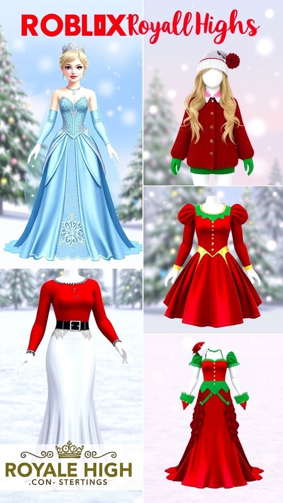 Stylish Christmas Outfits for Roblox Royale High Aesthetic Christmas outfits for Roblox Royale High featuring a snow queen, cozy winter attire, glamorous ball gown, and festive elf look.